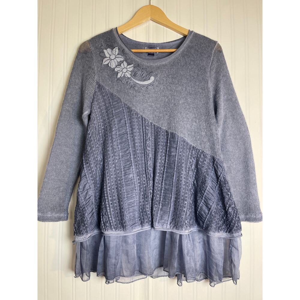 Kamana Knit Layered Sequin Long Sleeve Pullover Tunic Women's S Blue Lagenlook